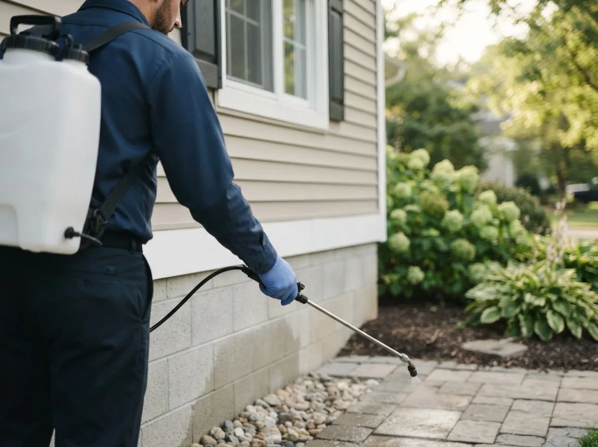 Pest control technician inspecting a home in Frontenac, KS